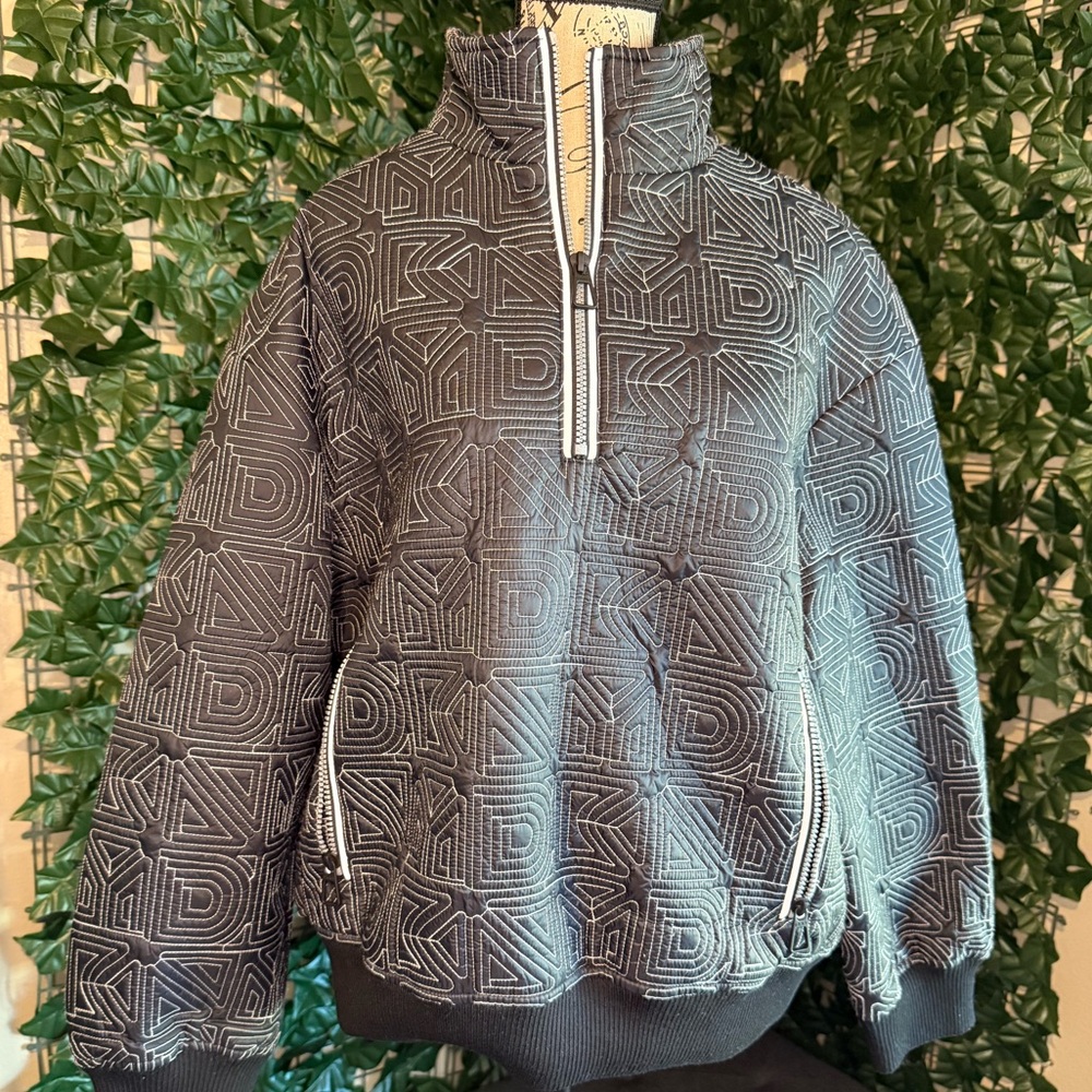 DKNY logo quilted mini rip half-zip reflective sweatshirt (black) NEW